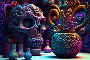 psychedelic colorful lsd trip skull with hippy patterns and coral relief illustration photo
