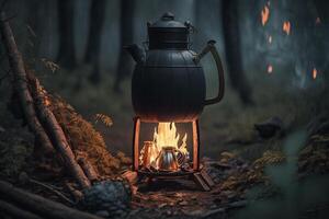 kettle on a campfire in the woods, preparing a hot drink in nature photo