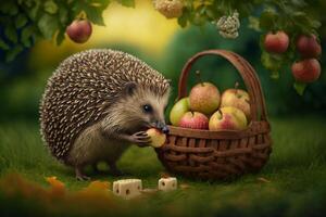 hedgehog collects apples in the garden in a basket illustration photo