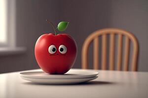 gracioso rojo manzana con ojos en un cocina plato generativo ai foto