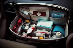 car first aid kit, suitcase with medical supplies illustration photo