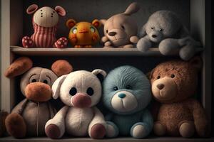 soft plush toys on the shelf in the wardrobe illustration photo