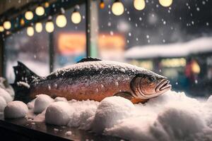 frozen trout fish in ice on a shop store illustration photo