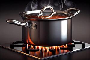 Cooking with metal saucepan on the fired burner illustration photo