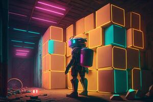 robot in warehouse with boxes and containers looking for a parcel illustration photo