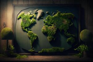 green moss covered world map, geography planet illustration photo