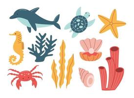 Set of sea inhabitants. Sea horse, crab, dolphin, turtle corals and shells vector illustration. Doodle carton illustration.