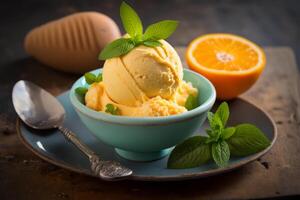 bowl orange sorbet ice cream with tangy flavor photo