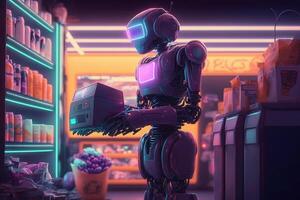 the robot came shopping to the store neon light illustration photo