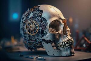 human skull with mechanical mechanism illustration photo