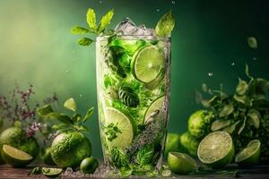 frío Fresco mojito con hielo menta y Lima en un vidrio, verano bebida ilustración generativo ai foto