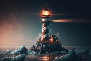 an island with a lighthouse in the sea to illuminate ships photo