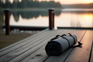 yoga mat morning by the lake photo