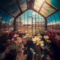 spring flowers in morning suny greenhouse illustration photo