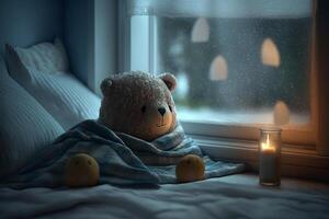 teddy bear wrapped in a bedspread lies in bed, rainy mood illustration photo