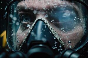 man face under water in waterproof goggles photo