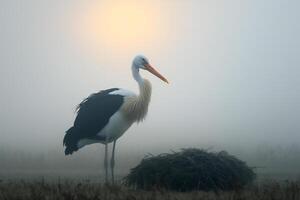 lonely stork bird on foggy morning field photo