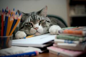 gracioso colegio gato haciendo deberes generativo ai foto