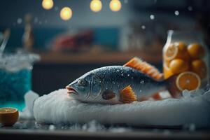 frozen fish on a cold ice counter store, illustration photo