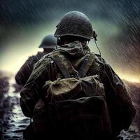 tired military soldier dramatic mood in the rain view from the back illustration photo