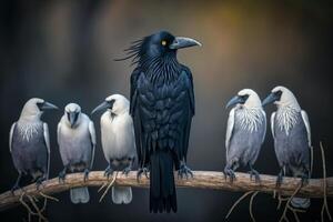 negro y blanco cuervos cuervos en un rama generativo ai foto