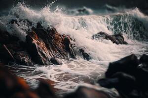 frash Oceano olas choque en rocas generativo ai foto