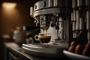 preparation of espresso coffee by using coffee machine photo