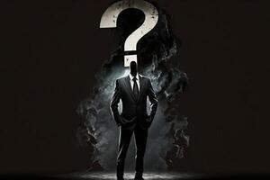 un hombre en un negro traje con un pregunta marca en lugar de un cabeza, empresario buscar responder generativo ai foto