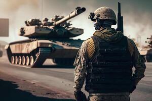 militar soldado en el antecedentes de el tanque, militar operaciones ilustración generativo ai foto