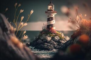 an island with a lighthouse in the sea to illuminate ships photo