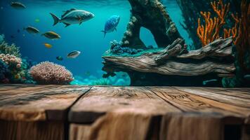 the edge of wooden table on underwater sea world background photo