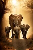 Beautiful Images of of African Elephants in Africa. Herd of Elephants in Africa walking through the grass. . photo