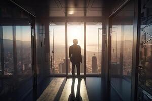 Back View of the Thoughtful Businessman wearing a Suit Standing in His Office, Contemplating Big Business Deal, Looking out of the Window. Big City Business District View. Non-existent . photo