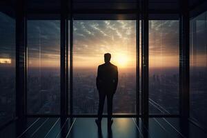 Back View of the Thoughtful Businessman wearing a Suit Standing in His Office, Contemplating Big Business Deal, Looking out of the Window. Big City Business District View. Non-existent . photo