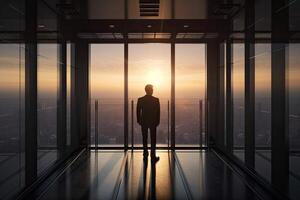 Back View of the Thoughtful Businessman wearing a Suit Standing in His Office, Contemplating Big Business Deal, Looking out of the Window. Big City Business District View. Non-existent . photo