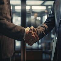 Two confident business man shaking hands during a meeting in the office, success, dealing, greeting and partner concept. . photo
