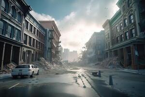 illustration of the tsunami disaster. The outbreak of the unprecedented city Earthquake and tsunami. . photo