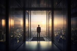 Back View of the Thoughtful Businessman wearing a Suit Standing in His Office, Contemplating Big Business Deal, Looking out of the Window. Big City Business District View. Non-existent . photo