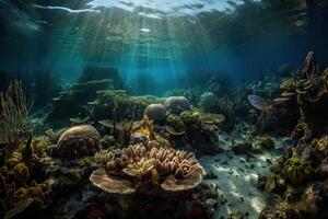 Animals of the underwater sea world. Ecosystem. Colorful tropical fish. Life in the coral reef. . photo