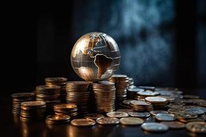 Globe and stack with coins. Money makes the world go round. photo