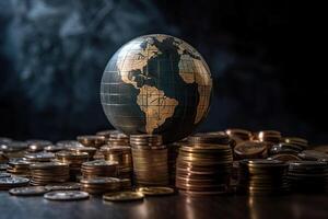 Globe and stack with coins. Money makes the world go round. photo