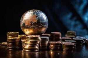 Globe and stack with coins. Money makes the world go round. photo