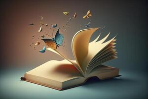 Open book with butterflies flying out of it. photo