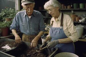 elderly couple composting their food waste. photo