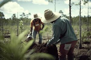 team plants trees against deforestation. photo