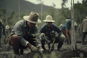 team plants trees against deforestation. photo