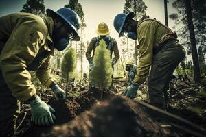 team plants trees against deforestation. photo