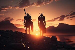 Two warriors standing on top of a rocky beach, photo