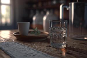 A glass of water on a wooden table, photo