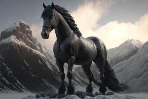 A black horse standing in front of a snowy mountain, photo